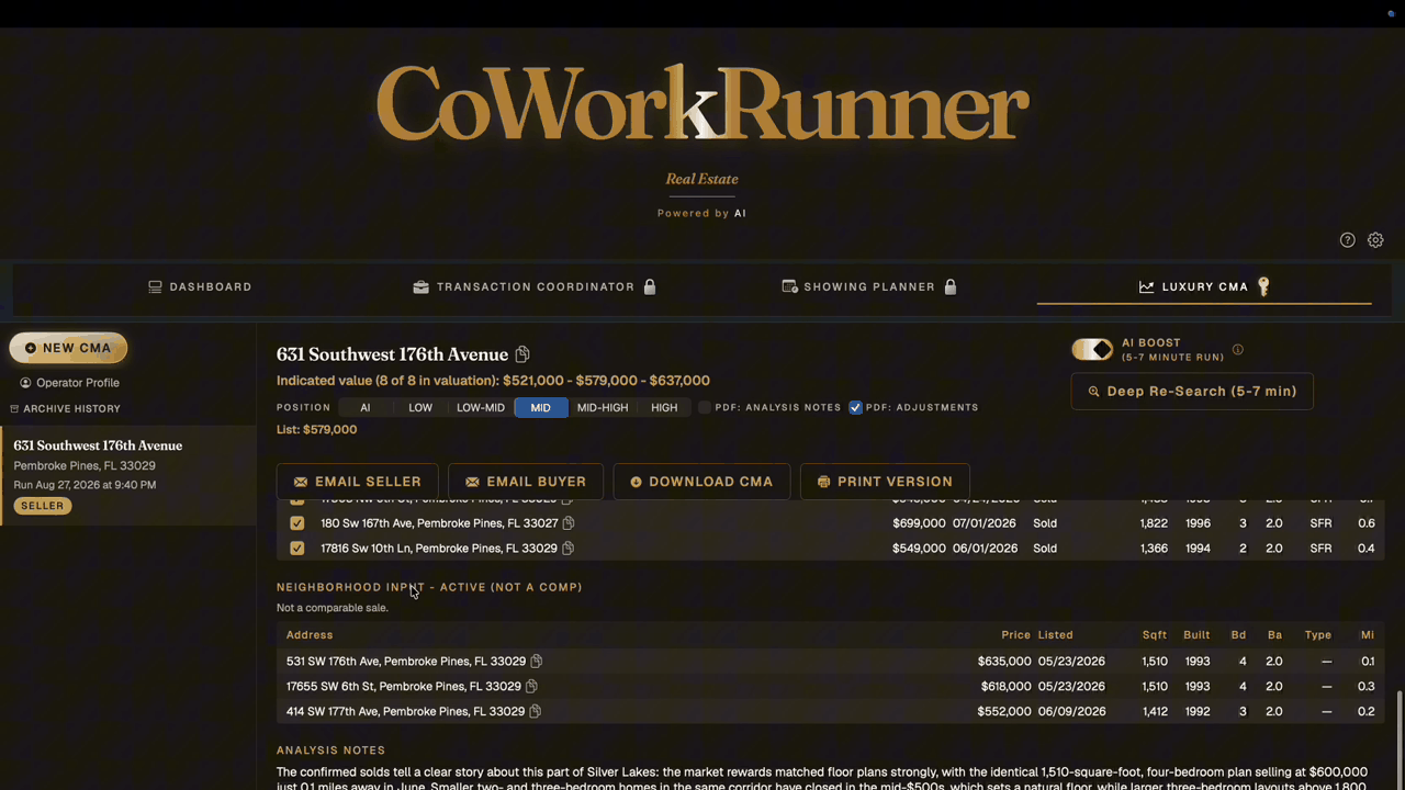 CoWorkRunner Luxury CMA demo